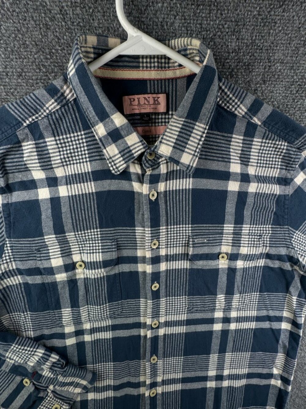 Thomas Pink Men Long Sleeve Button Up Shirt Blue Plaid Flannel Large Casual **